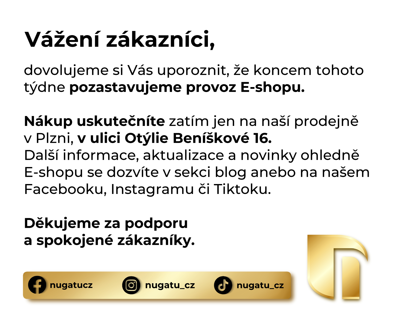 Upozornění pro zákazníky - pozastavení E-shopu - verze pro telefon