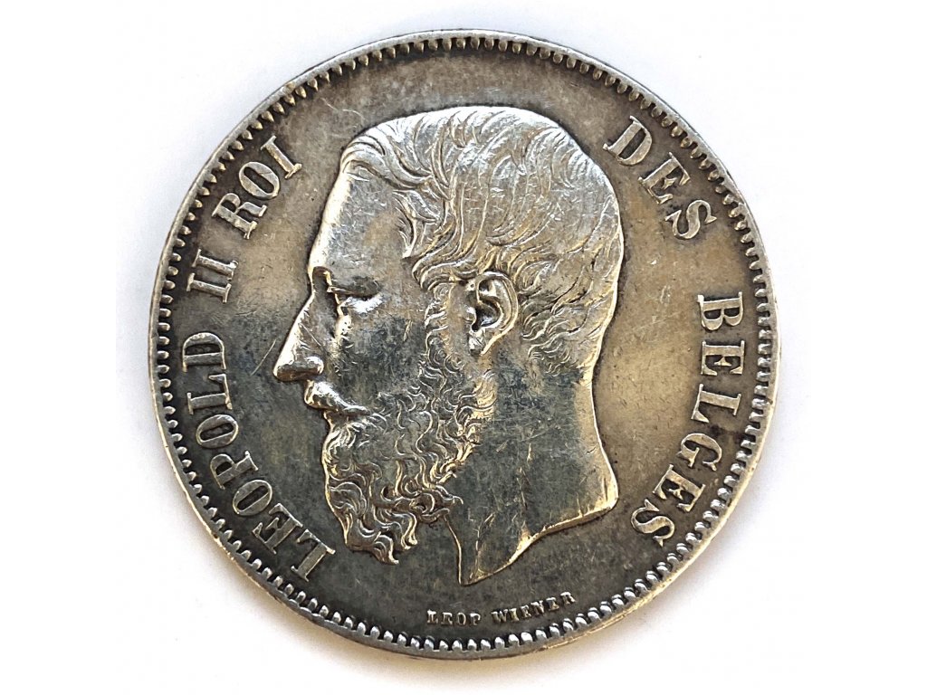 Stříbrných 5 Franků – král Leopold II. 1869 Belgie