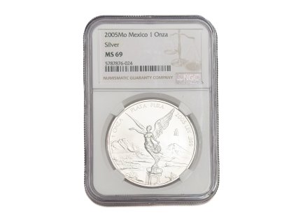 Stříbrná 1 Onza, 2005 Mexiko – certifikace MS 69