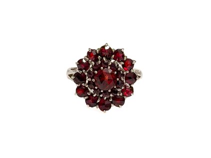 Postříbřený starožitný prsten s českými granáty, kruh vel. 51