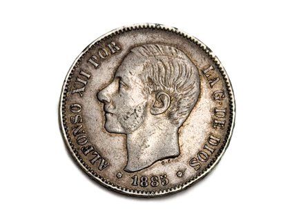 Stříbrné 5 Pesetas, 1885 Španělsko