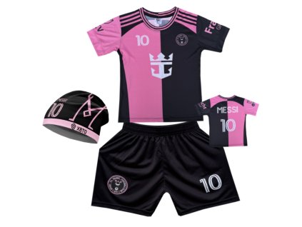 Premium dětský fotbalový dres Komplet + fotbalová pletená čepice Inter Miami black/pink - Lionel Messi.Č.10