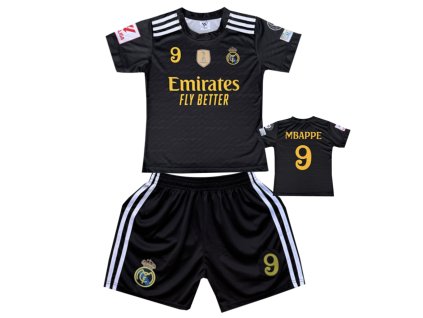 Premium dětský fotbalový dres Komplet Real Madrid FC Black - Kylian Mbappe.Č09,(Emirates Fly Better)