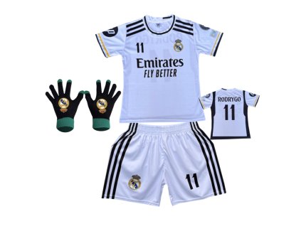 Premium Dětský fotbalový dres Komplet + fotbalová pletené rukavice Real Madrid - Rodrygo 11