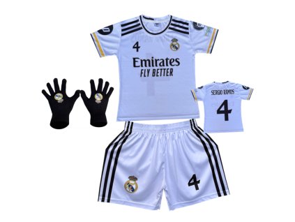 Premium Dětský fotbalový dres Komplet + fotbalová pletené rukavice Real Madrid - Sergio Ramos.Č.04