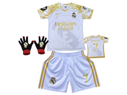 Premium Dětský fotbalový dres Komplet + fotbalová pletené rukavice Real Madrid Emirates Fly Better bílá  - Cristiano Ronaldo CR7