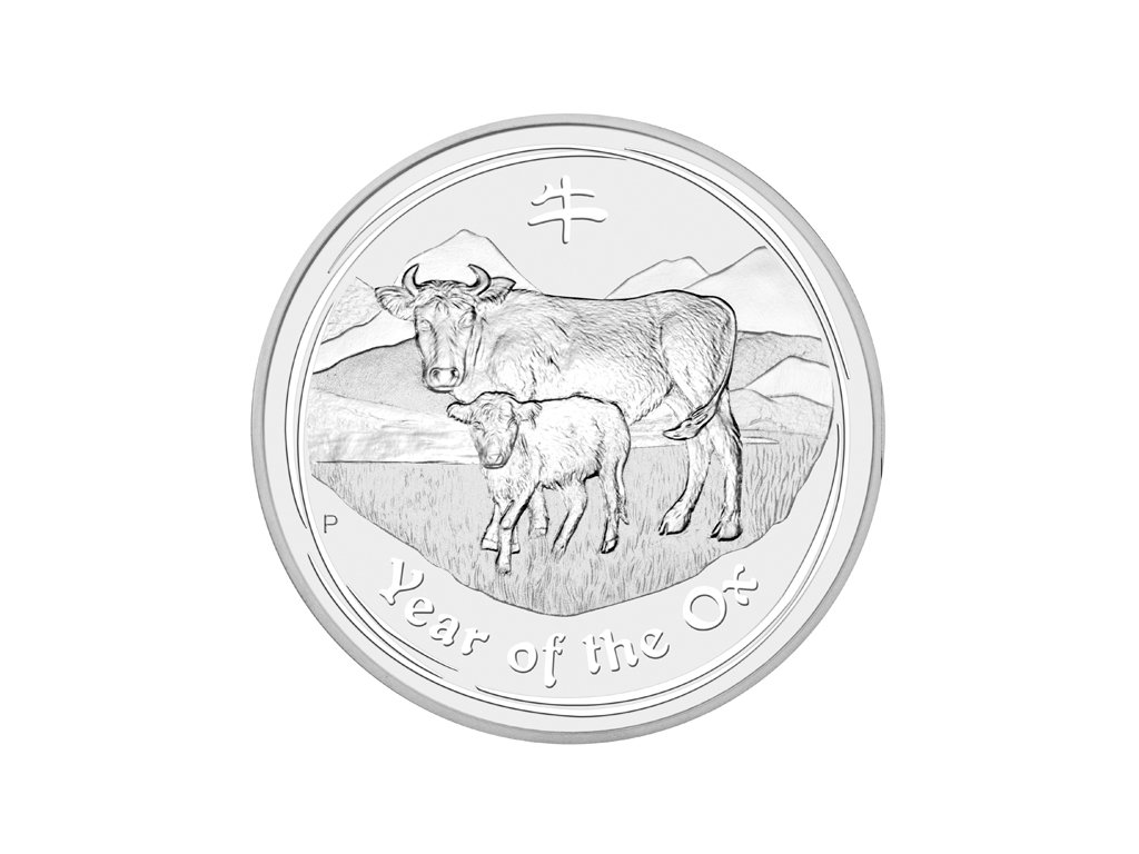 5 uncí stříbrná mince Austrálie Lunar II vůl 2009