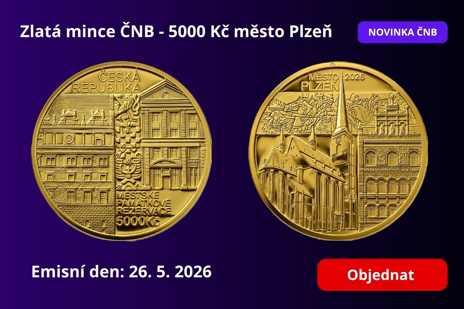 Zlatá mince 5000 Kč Plzeň