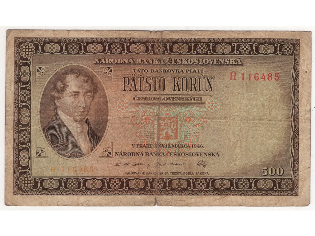ČESKOSLOVENSKO. 500 korun 1946. Série H. Hej. 81.