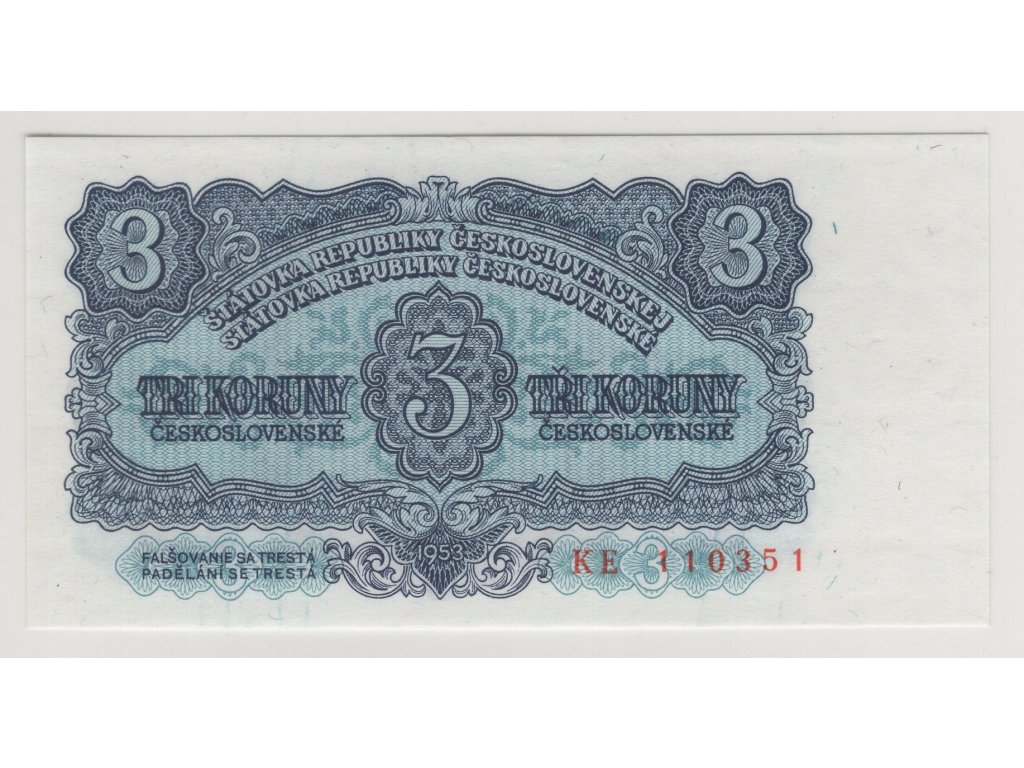 ČESKOSLOVENSKO. 3 koruny 1953. Série KE 110351. Nov. 90b.