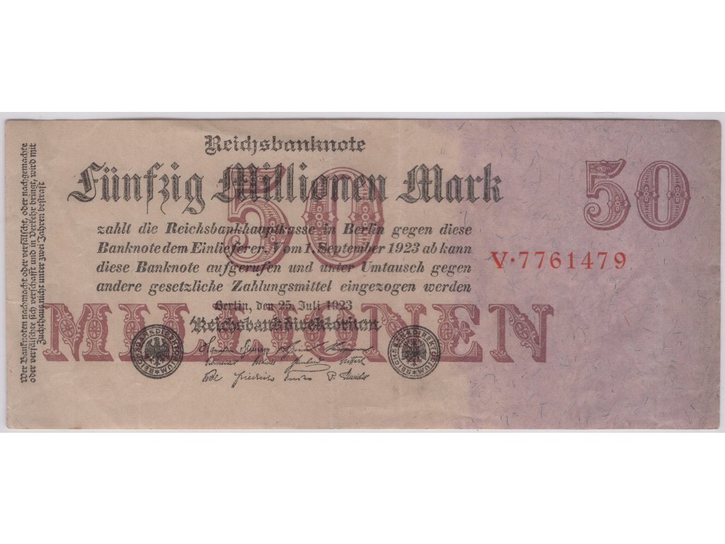 NĚMECKO. 50 Millionen Mark, 25. 7.1923. Ro. 97a. Série V.