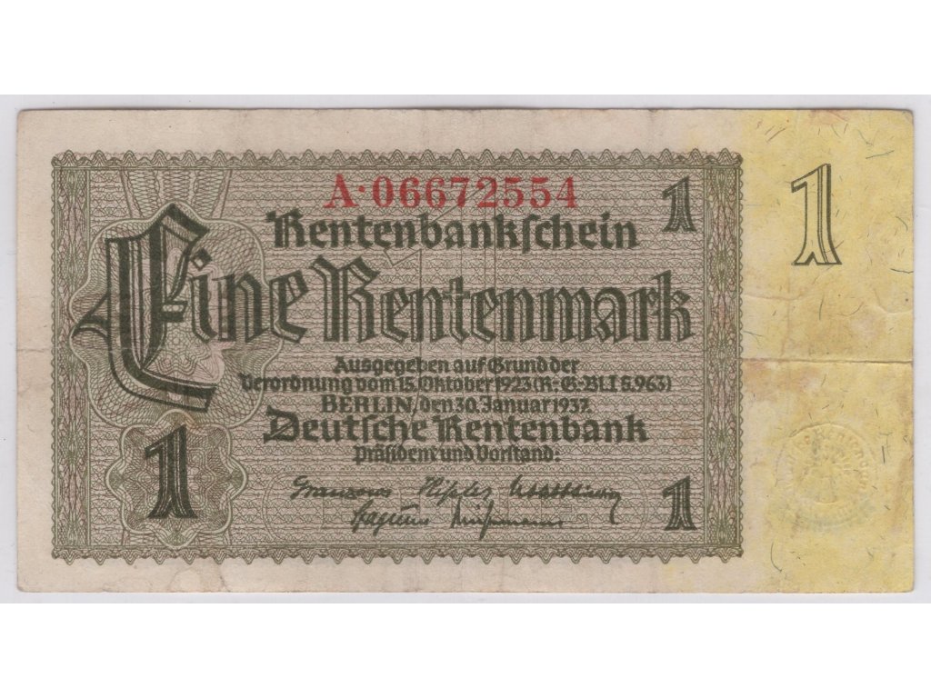 NĚMECKO. 1 Rentenmark. Ro. 166c. 30. 1.1937. Série A.