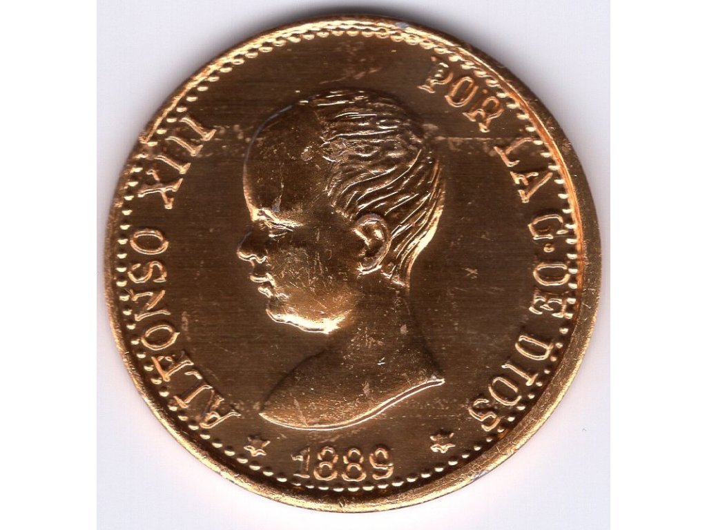 47 - ŠPANĚLSKO. Alfonso XIII. 100 pesetas 1889. Kopie, eloxovaný hliník.