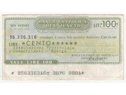 ITÁLIE. Banca Cattolica del Veneto. 100 lire. 29. Ottobre 1976.