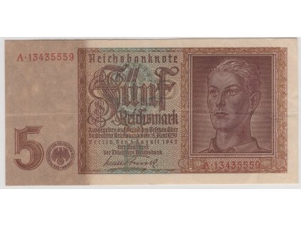 NĚMECKO. 5 Reichsmark. Ro. 179b. 1.8.1942. Podtisk P. Série A.