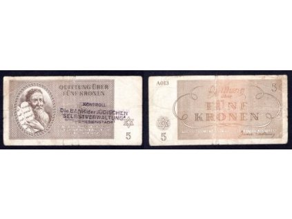Terezín. 5 Kronen 1943. Série A013. Nov. TPc. Kontrolní razítko banky  židovské samosprávy.