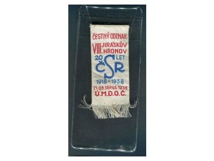HRONOV. VIII. Jiráskův Hronov. 1938. 20 let ČSR. Ú.M.D.O.Č. Čestný odznak.