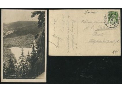 ŠUMAVA. Pohled ze sráze nad Černým jezerem, přes jezero nad Pancíř 1314 m n.m.1925.