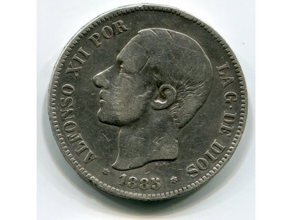 ŠPANĚLSKO. 5 pesetas 1885. Ag.
