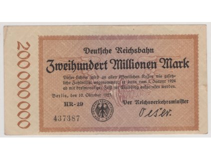 BERLIN. Deutsche Reichsbahn. 200 Milionen Mark. 10.10.1923. Série HR-29.