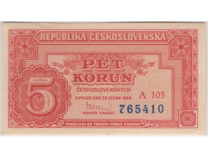 ČESKOSLOVENSKO. 5 korun 1949. Série A 103. Nov. 76c.