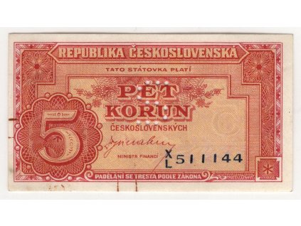 ČESKOSLOVENSKO. 5 korun (1945). Série XL. Hej. 70.