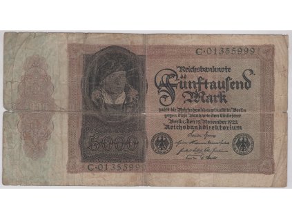 NĚMECKO. 5.000 Mark. Ro. 77. 19.11.1922. Série C.