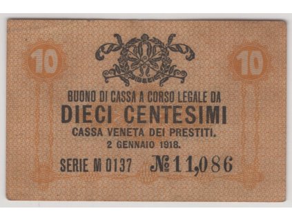 ITÁLIE - Benátky. 10 centesimi 1918. Série M 0137.