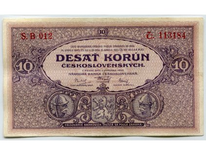 ČESKOSLOVENSKO. 10 korun 1927. Série B 012. Nov. 20a.