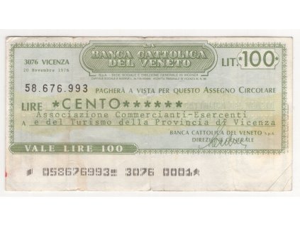 ITÁLIE. Banca Cattolica del Veneto. 100 lire. 20. Novembre 1976.