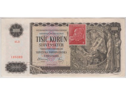 ČESKOSLOVENSKO. 1000 korun 1945/1940. Série 4L3. Kolek. Nov. 64.