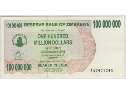 ZIMBABWE. 100.000.000 dollars 2008.