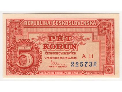 ČESKOSLOVENSKO. 5 korun 1949. Série A 11. Nov. 76b.