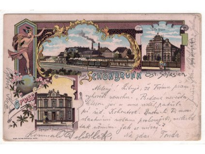 SVINOV / Schönbrunn. Bahnhof. Villa Braun. Spaziers Handlung. 1902. Litografie.