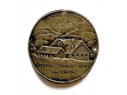 GRUŇ. Útulna U Švarné Hanky. Slezské Bezkydy. Štítek na hůl.