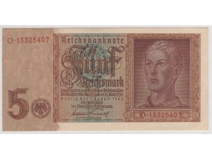 NĚMECKO. 5 Reichsmark. Ro. 179b. 1.8.1942. Podtisk P. Série O.