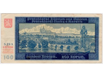 Protektorát Čechy a Morava. 100 korun 1940. Série A 29. Nov. 38a.