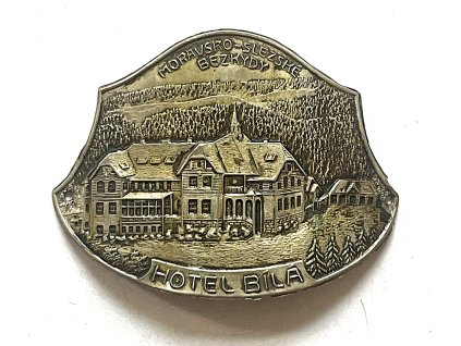 BÍLÁ. Hotel. Moravsko-slezské Bezkydy. Štítek na hůl.