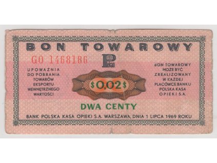 POLSKO. Bon Towarowy - 2 centy 1969. Série GO.