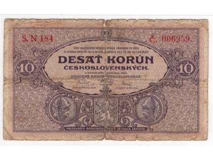 ČESKOSLOVENSKO. 10 korun 1927. Série N 184. Nov. 20b.