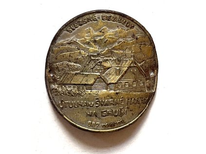 GRUŇ. Útulna U Švarné Hanky. Slezské Bezkydy. Štítek na hůl.