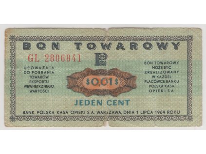 POLSKO. Bon Towarowy - 1 cent 1969. Série GL.