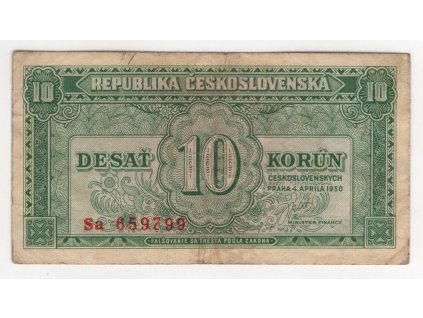 ČESKOSLOVENSKO. 10 korun 1950. Série Bb. Hej. 86b.