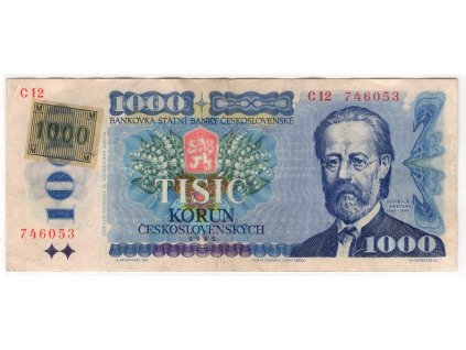 ČESKO. 1000 korun 1993/1985. Série C 44. Kolek nalepený. Hej. CZ 6b.