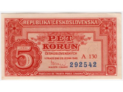 ČESKOSLOVENSKO. 5 korun 1949. Série A 130. Nov. 76c.