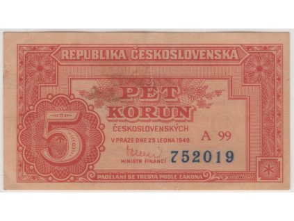 ČESKOSLOVENSKO. 5 korun 1949. Série A 99. Nov. 76b.