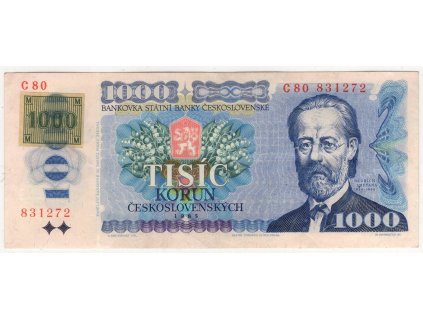 ČESKO. 1000 korun 1993/1985. Série C 80. Kolek nalepený. Hej. CZ 6b.