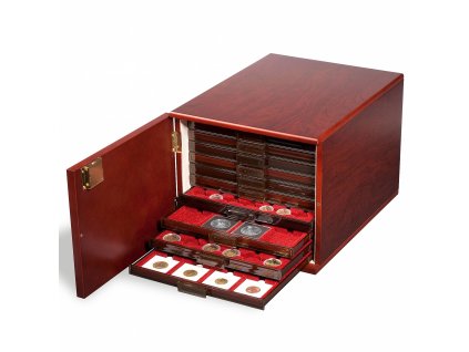 Uzamykatelná skříňka na 10 boxů na mince, mahogonové dřevo