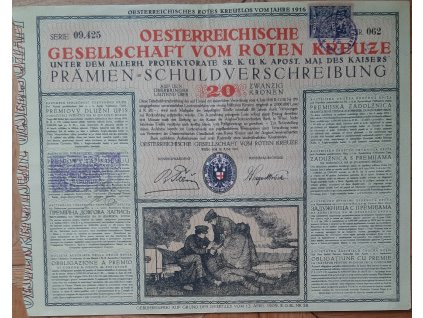 RAKOUSKO. Oesterreichische Gesellschaft vom roten Kreuze. Prémiový dluhopis na 20 korun. 1916. Čsl. kolek. Č. 09.425/062.