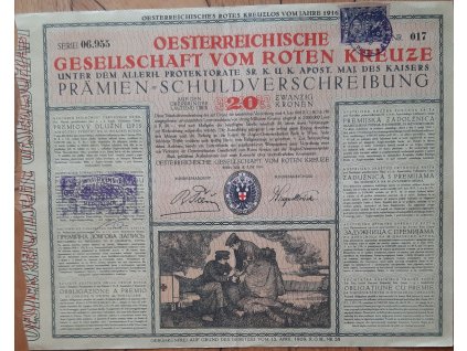 RAKOUSKO. Oesterreichische Gesellschaft vom roten Kreuze. Prémiový dluhopis na 20 korun. 1916. Čsl. kolek. Č. 06.955/017..